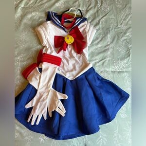 Sailor Moon Kids Costume Dress with Red Bow and Blue Skirt